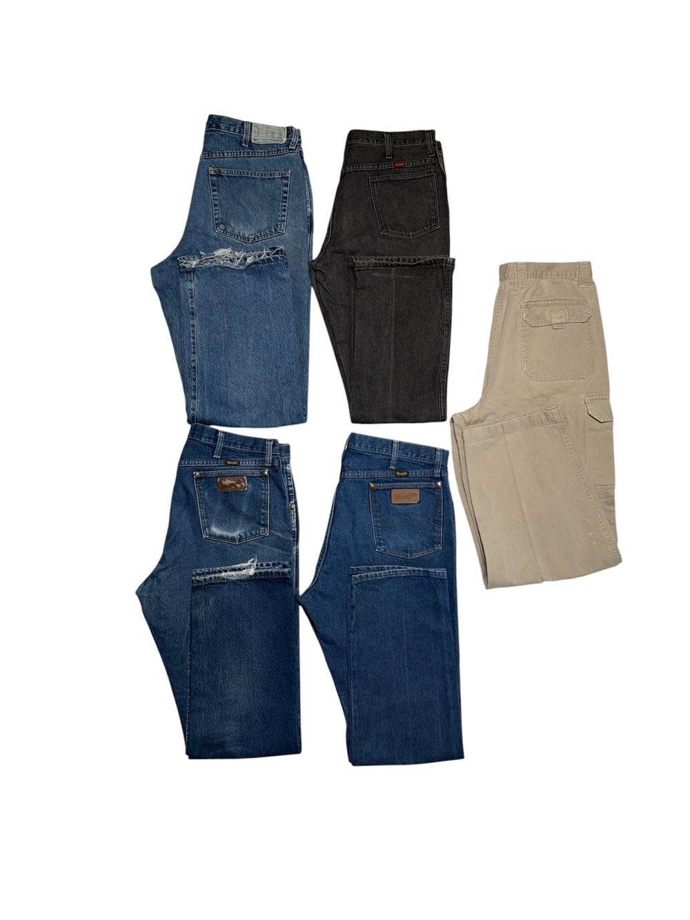 Lot of 5 men’s jeans - size 38x32 Wrangler, Rustler, Redhead, Cargo